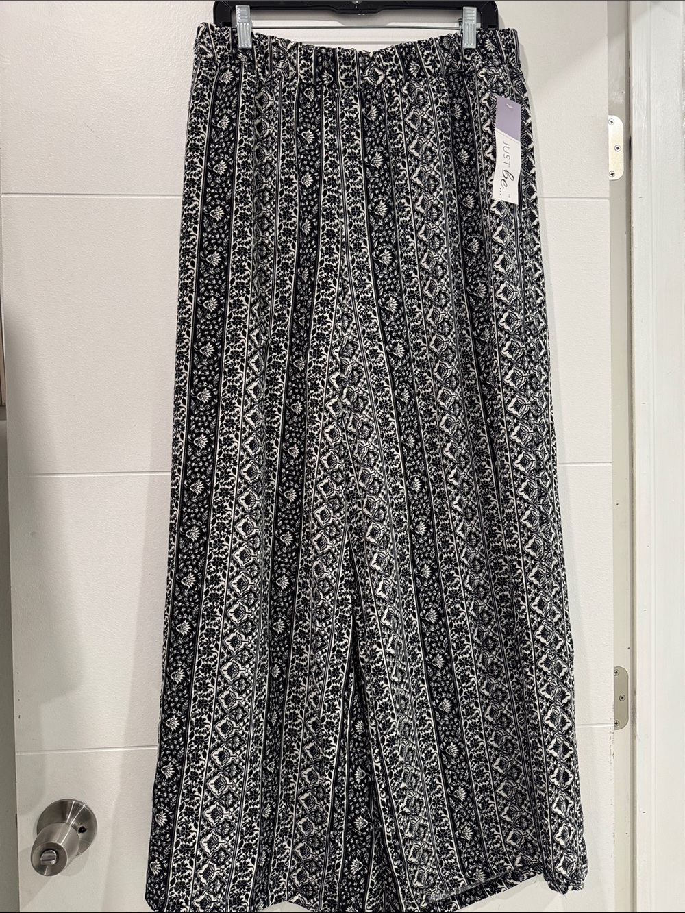 Just Be Palazzo Pants Womens Large Black White Good Floral Wide Leg Stripe